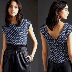 Maeve Blue Jacquard Sleeveless Zippered Knit Top - S